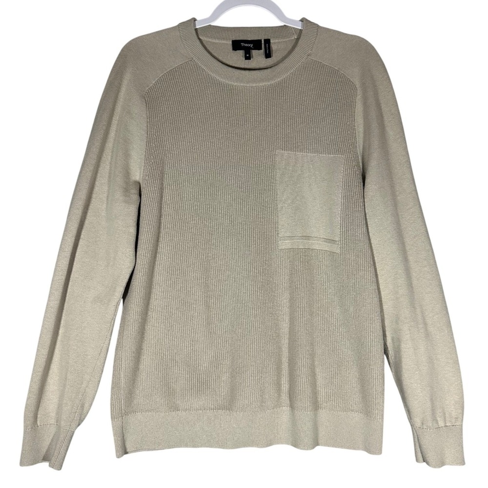Theory Mens NWOT Ribbed Crewneck Sweater Sz M Cashmere Cotton Beige Chest Pocket